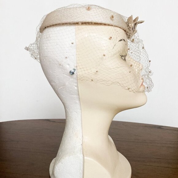 Vintage 50s 60s Nude Beige Vail Detail Headpiece S - Picture 6 of 8